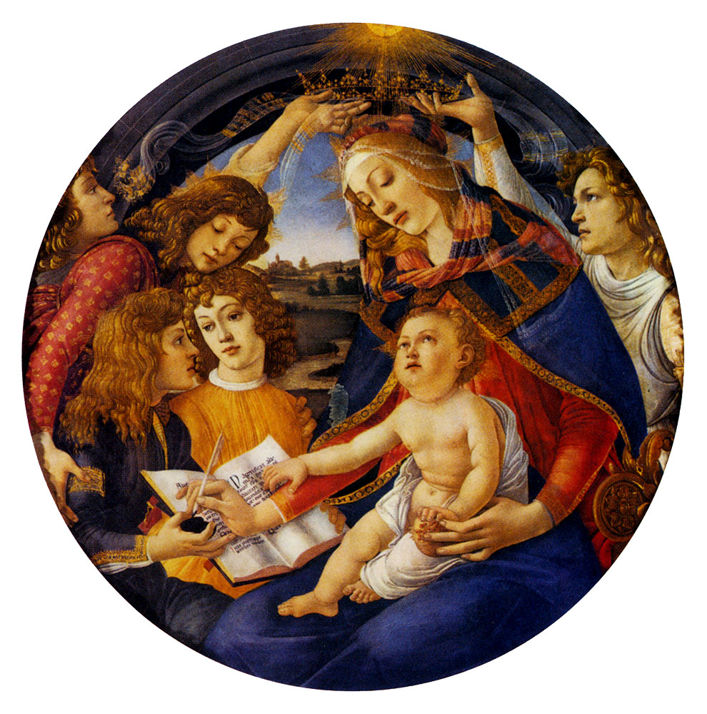 La Madonna del Magnificat (Madonna con il Bambino e cinque angeli) di Sandro Botticelli, tempera su tavola (diametro cm.118) di Sandro Botticelli, 1481 circa - conservato nella Galleria degli Uffizi di Firenze