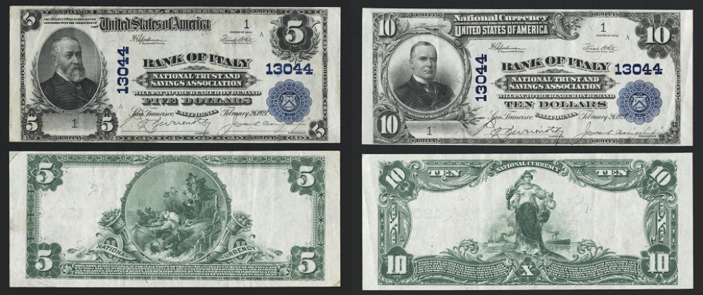 I biglietti numero 1 da 5 e 10 dollari della serie di banconote emesse dalla Bakn of Italy di Giannini nel 1927